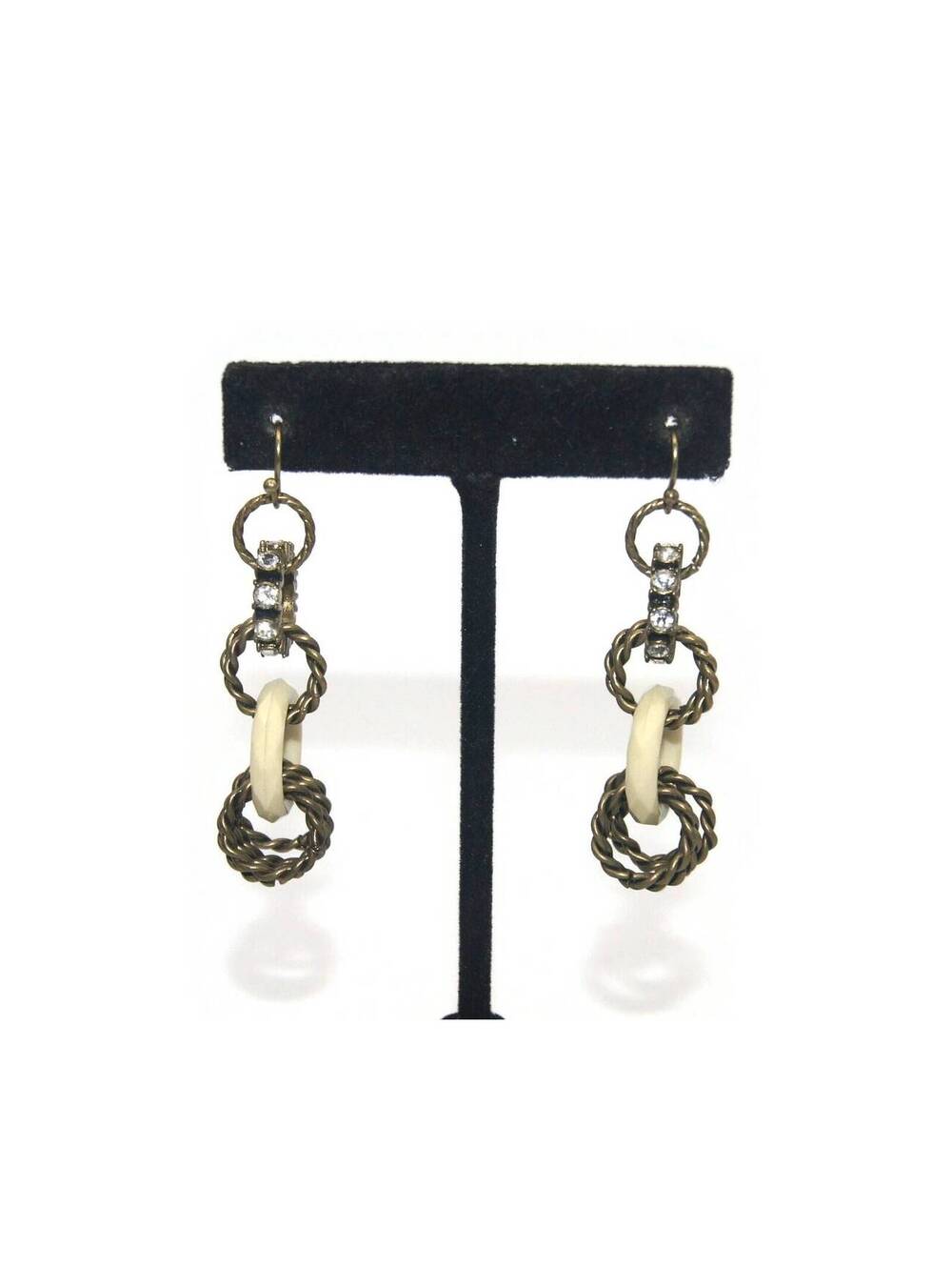 Vintage Brass Tone, White Plastic and Clear Rhinestone Dangle Drop Earrings.